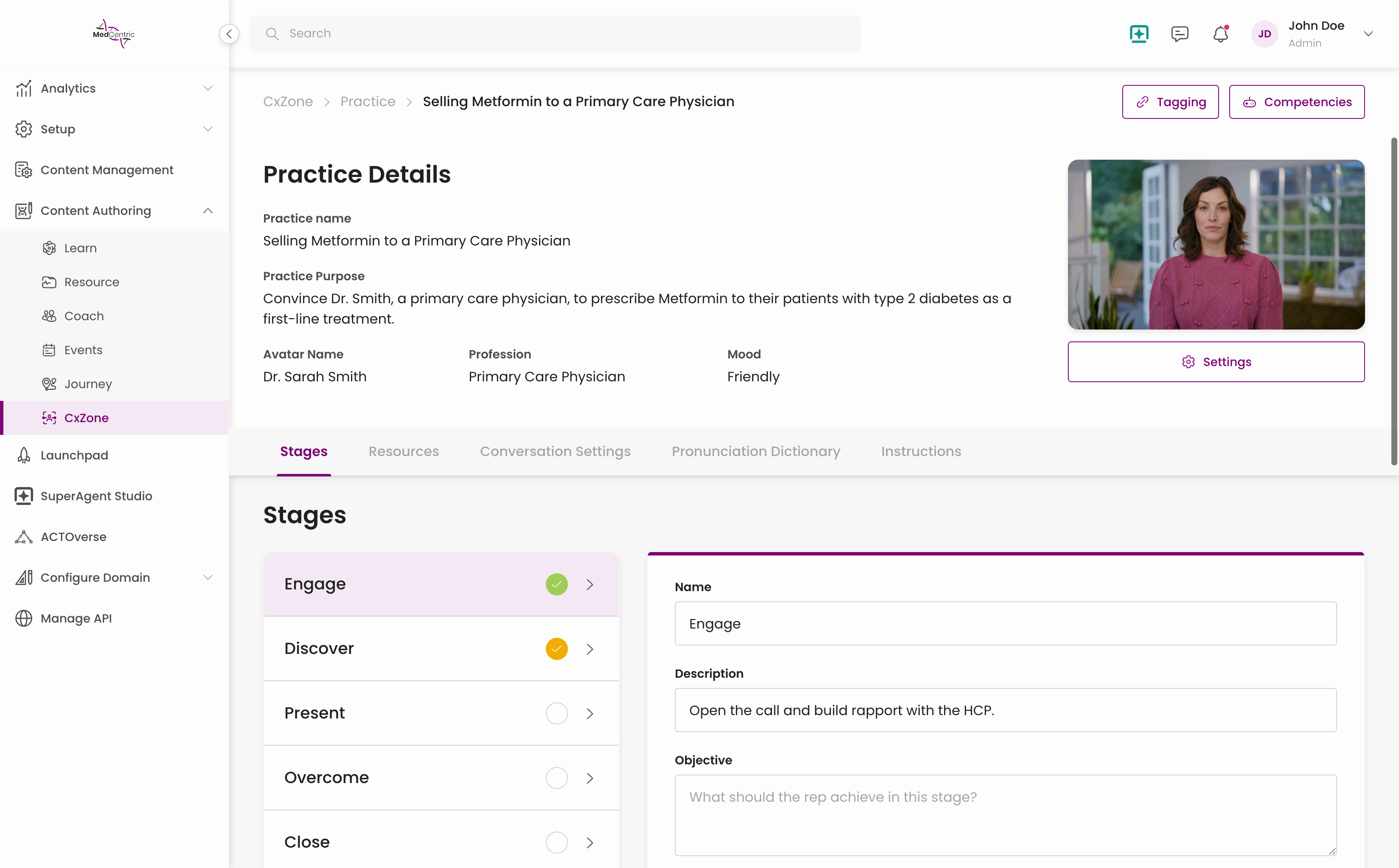 <b>Stage authoring.</b> The five stages are a fixed list on the left; the form on the right is everything the AI needs to score that stage. Tabs order the work the way authors do it: describe the person, attach what they know, set how they talk, then brief the rep.