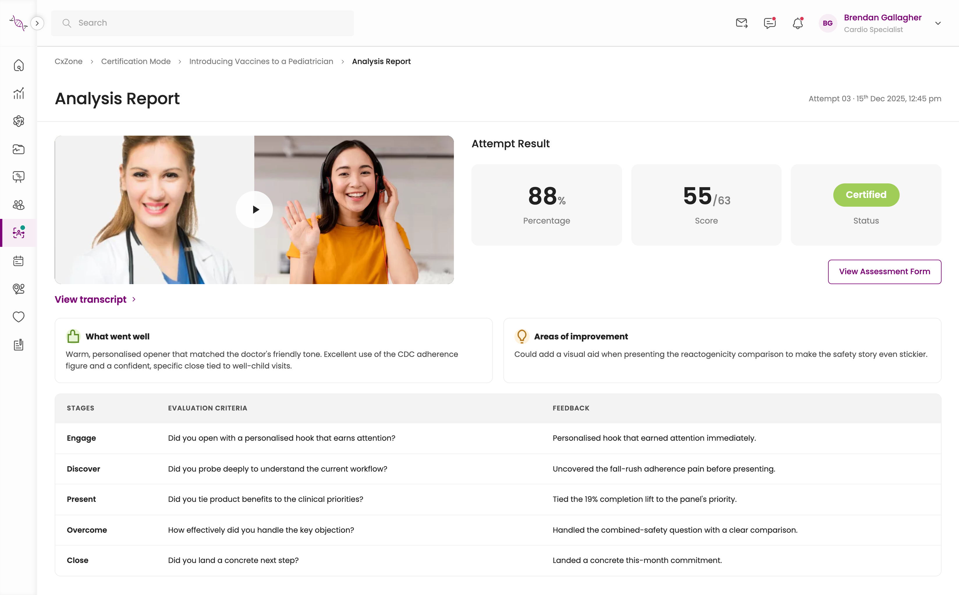 <b>The report a rep gets.</b> Result first, because that is the only thing they came for. Then the narrative, then the stage table where the actual coaching lives: criterion, what happened, and the feedback tied to it. The recording and transcript are one click away.