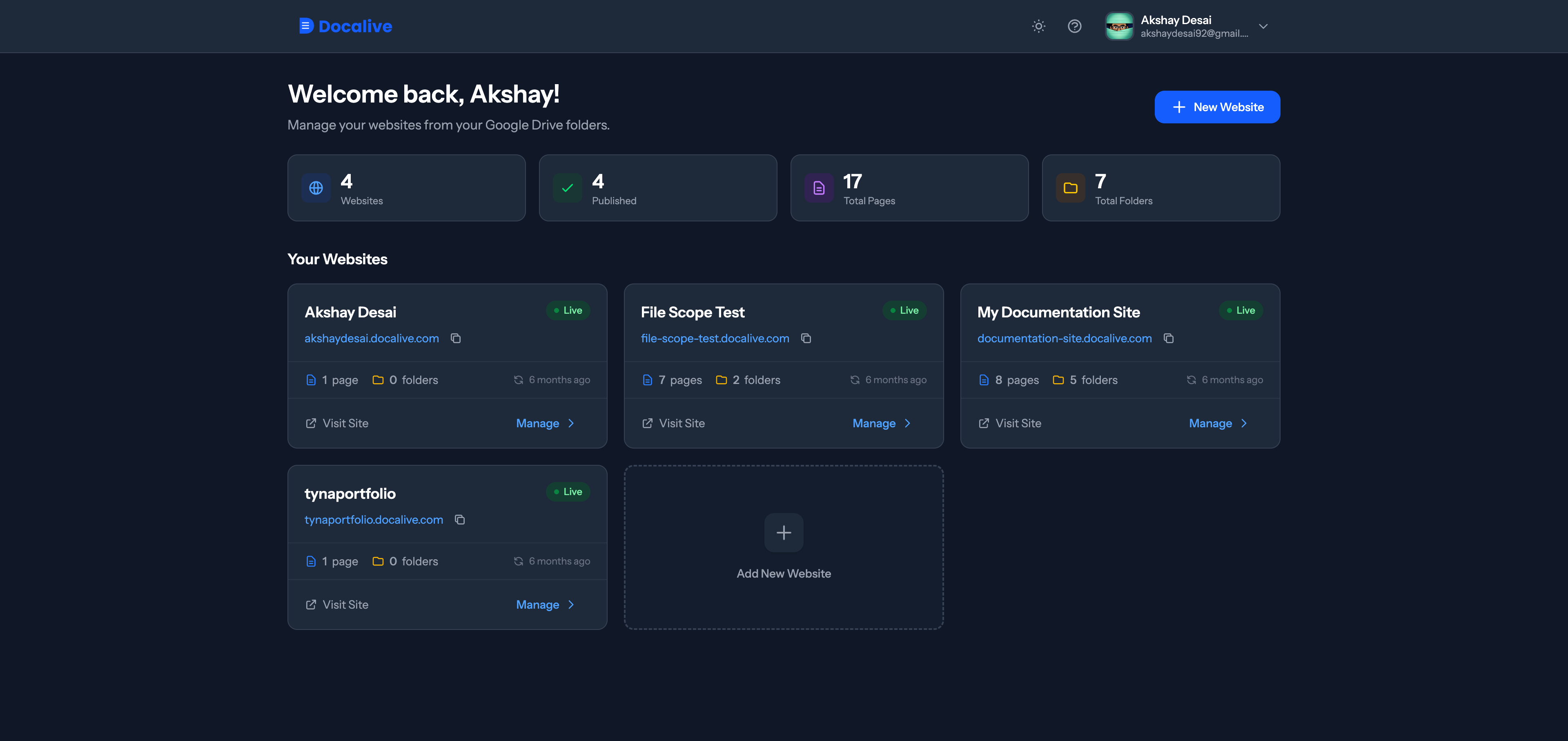 <b>The dashboard.</b> All sites at a glance with live status, page counts, and last sync time
