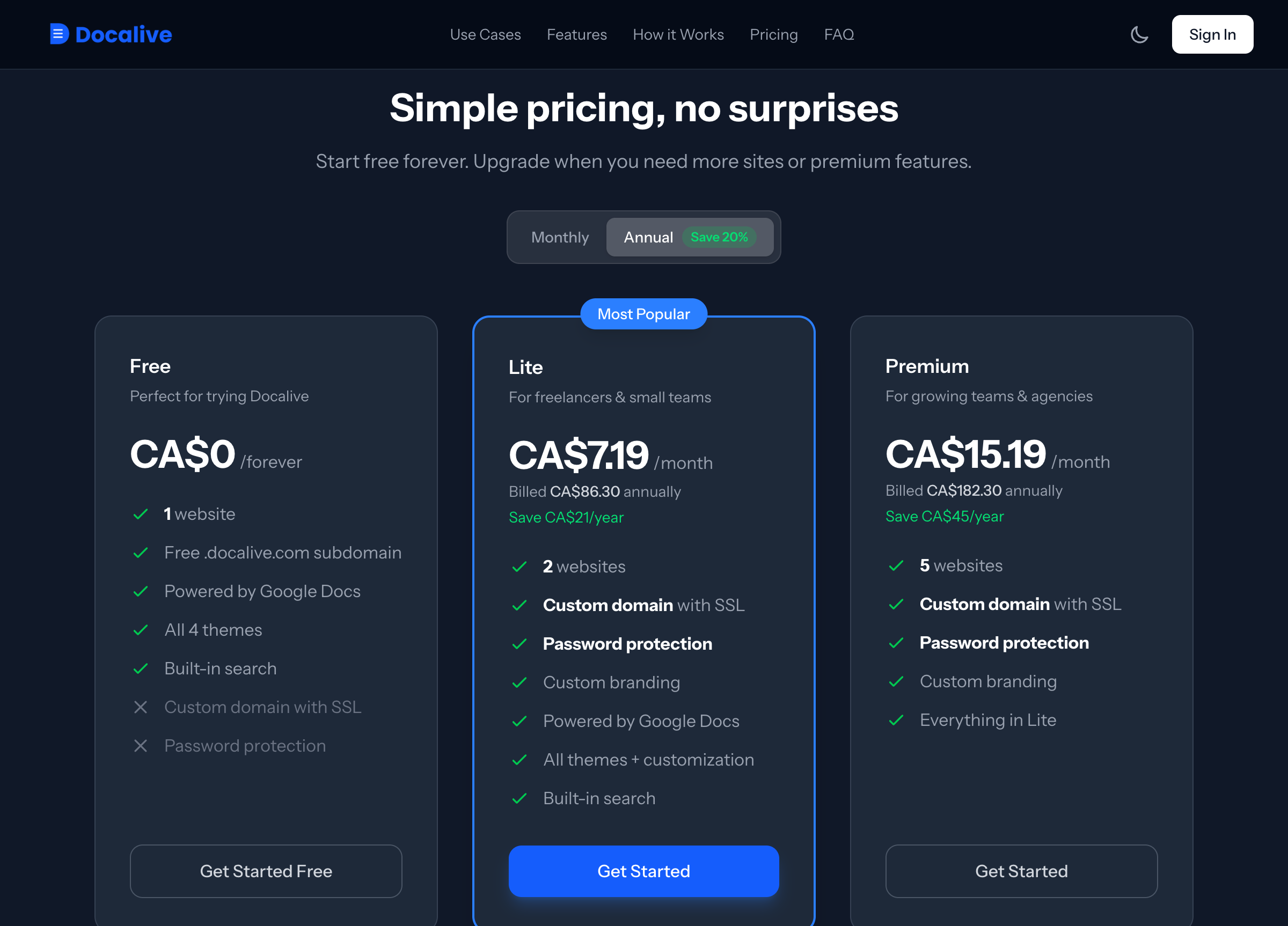 <b>Pricing tiers.</b> Free forever, Lite for freelancers, Premium for teams