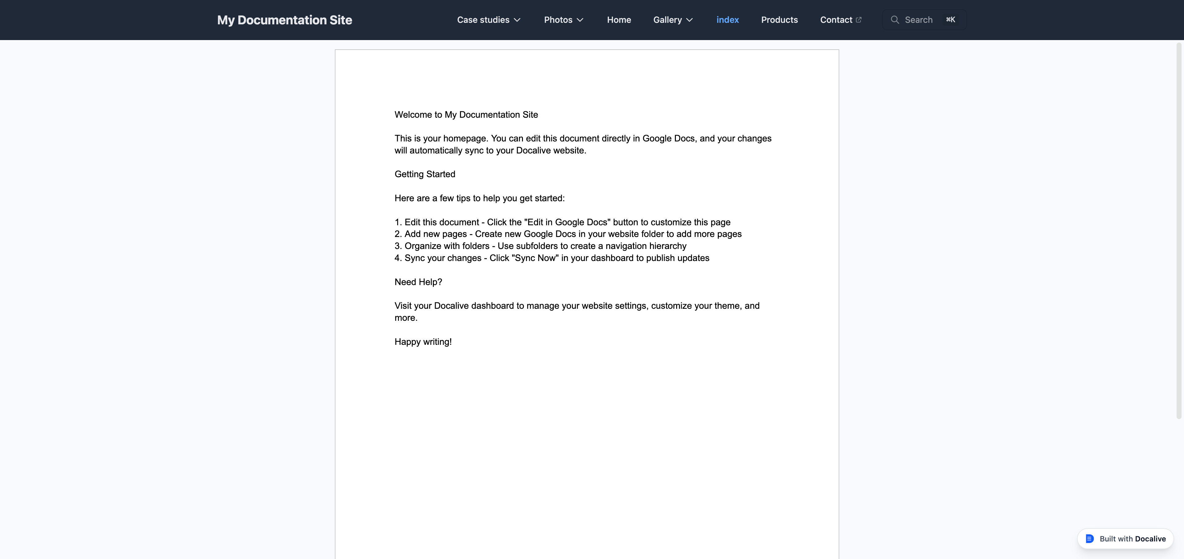 <b>The published site</b> at documentation-site.docalive.com
